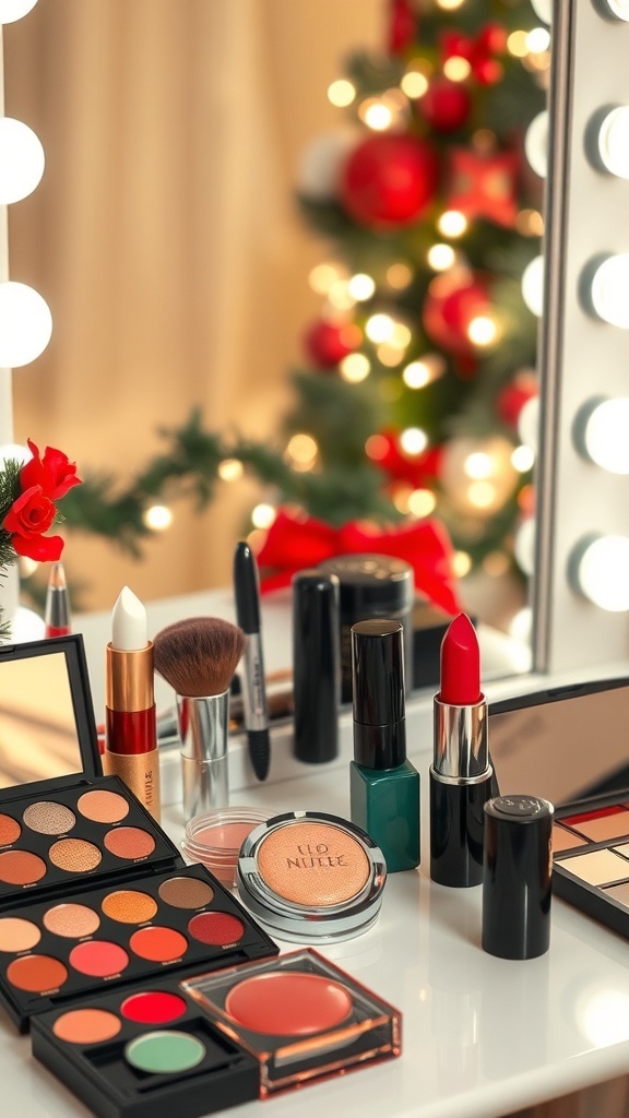 A festive makeup station with Christmas-themed products and decorations.